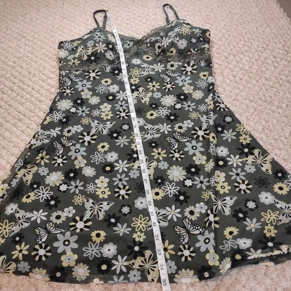 Green Y2K Slip Dress Flowers Mesh Lace Padded Cups XL New 90s 70s Goth Grunge - Picture 6 of 8